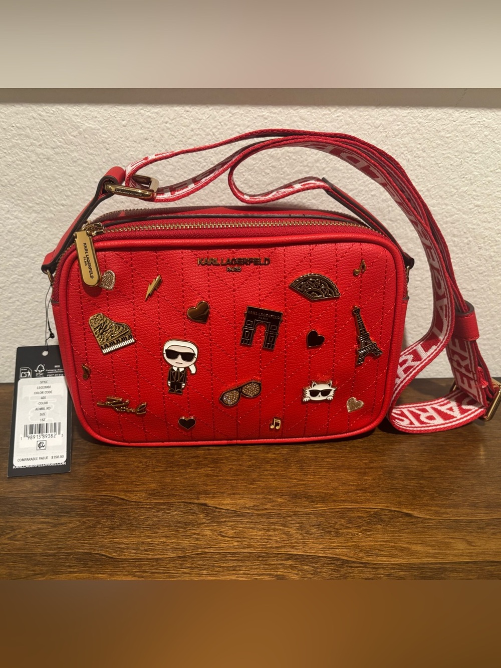 Karl Lagerfeld Red Quilted Crossbody with Gold Icon Pins